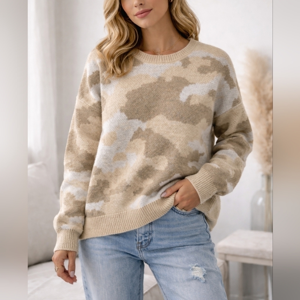 LUCKY BRAND Tan Neutral Camouflage Knit Wool Blend Scoop Neck Sweater Sze Medium